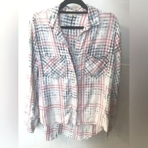Cloth & Stone for Anthropologie, Pastel Plaid Distressed Blouse, Medium